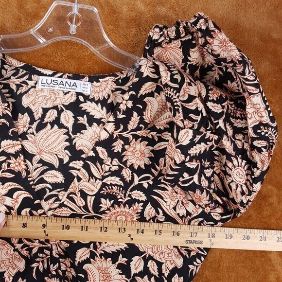 LUSANA Womens Dress Small Black Floral Pullover Fit Flare Belted Ruffle Peasant - Picture 5 of 8